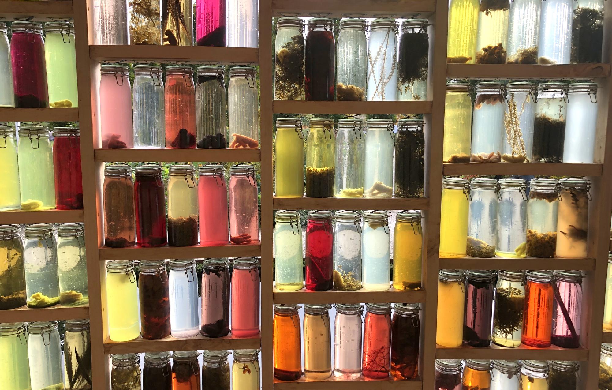 Row of jars with labeled spice mixes